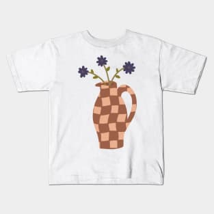 large terracotta checkerboard pitcher vase with a trio of blue flowers Kids T-Shirt